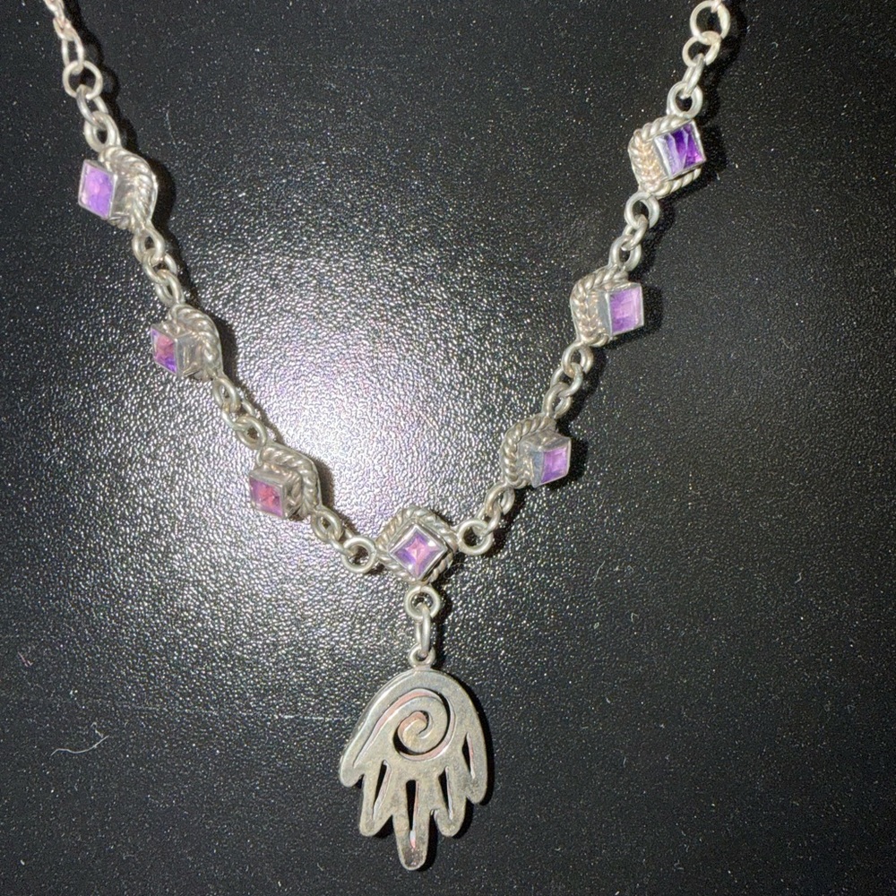 Sterling Silver Necklace with Amethysts Stones Accents and Hamsa Pendant